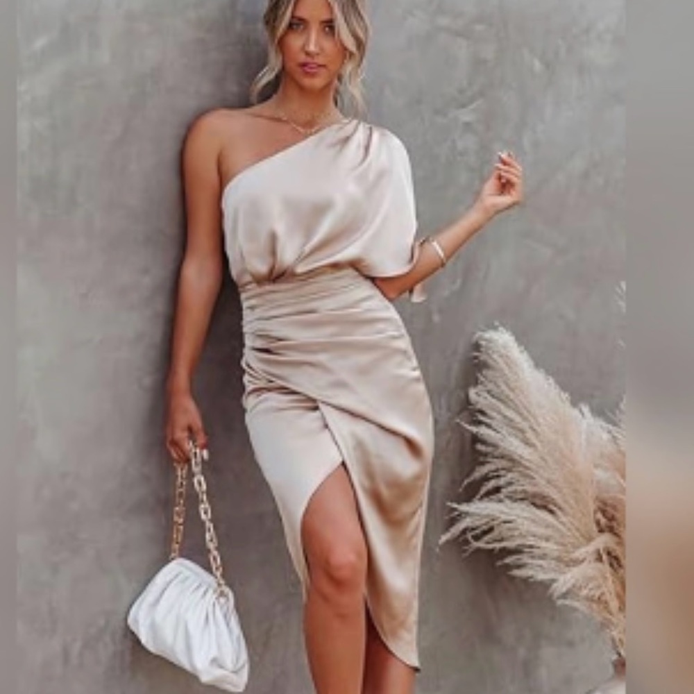 Cupshe tan satin off shoulder dress